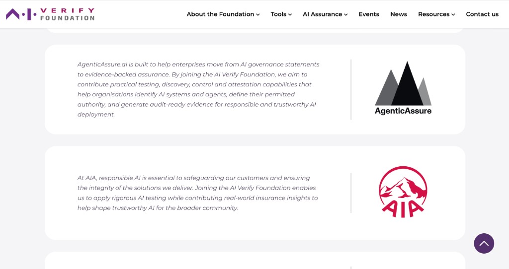 AgenticAssure.ai listing on the AI Verify Foundation members page with published quote and logo