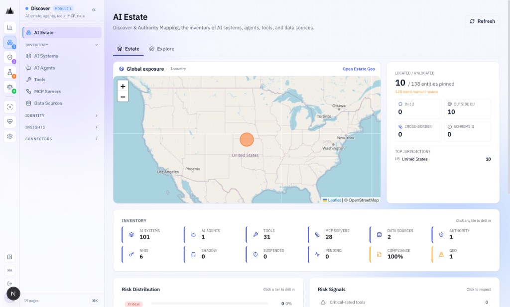 AgenticAssure Discover module showing AI Estate inventory with systems, agents, tools, and MCP servers