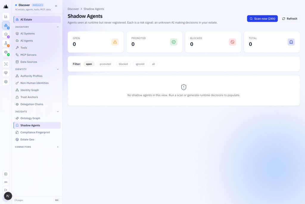 AgenticAssure Shadow Agents detection showing unsanctioned AI agents discovered in the estate