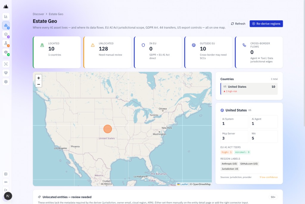 AgenticAssure Estate Geo map showing global geographic distribution and exposure of AI estate components