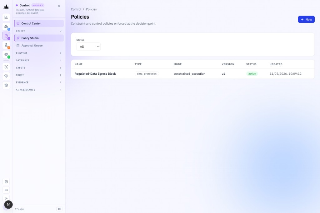 AgenticAssure policies list showing active and draft policies with enforcement modes and last-modified dates