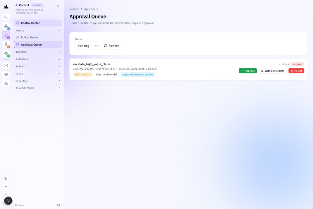 AgenticAssure Approval Queue showing pending policy changes and AI actions awaiting human approval