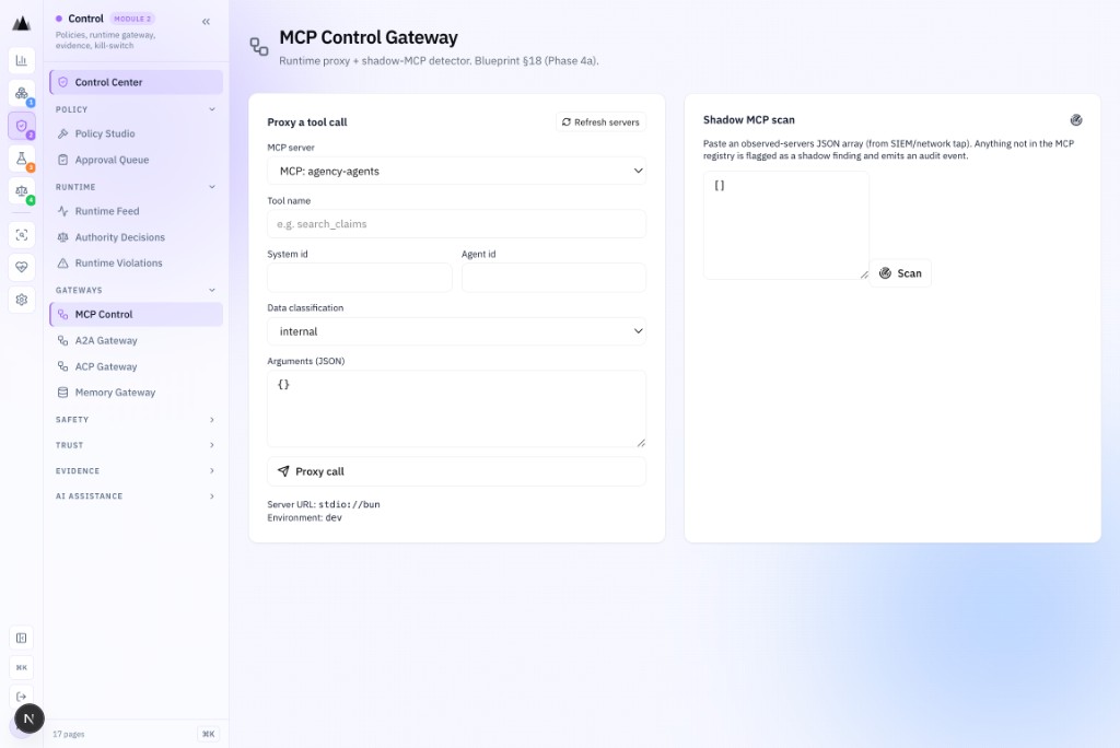 AgenticAssure MCP Control Gateway showing protocol-level enforcement for agent communication channels