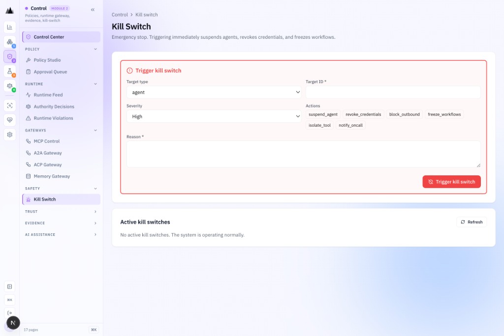 AgenticAssure Kill Switch interface for emergency halt of any AI system with immediate enforcement and full audit trail
