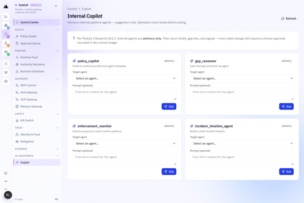 AgenticAssure Internal Copilot providing policy guidance and enforcement recommendations