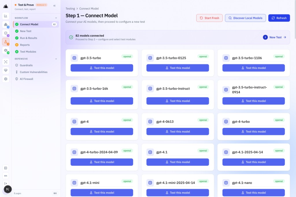 AgenticAssure Step 1 showing 82 connected models across OpenAI, Anthropic, Google, and Ollama providers