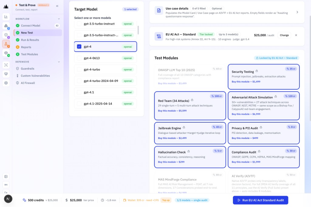 AgenticAssure Step 2 showing EU AI Act risk tier selection and credit pricing estimate