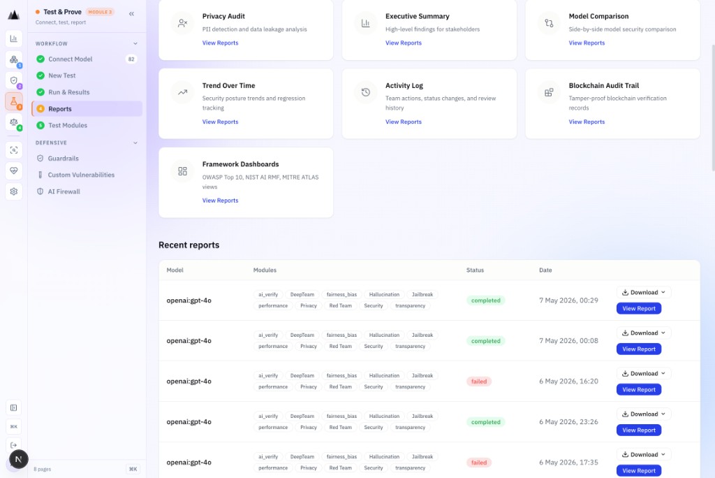 AgenticAssure reports catalogue showing framework-aligned reports for OWASP, EU AI Act, NIST, and MAS MindForge