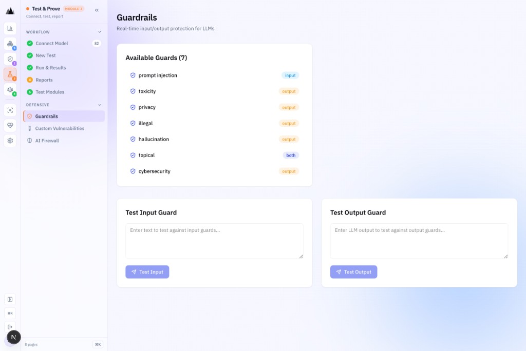 AgenticAssure defensive guardrails configuration showing 7 shipped guardrail types