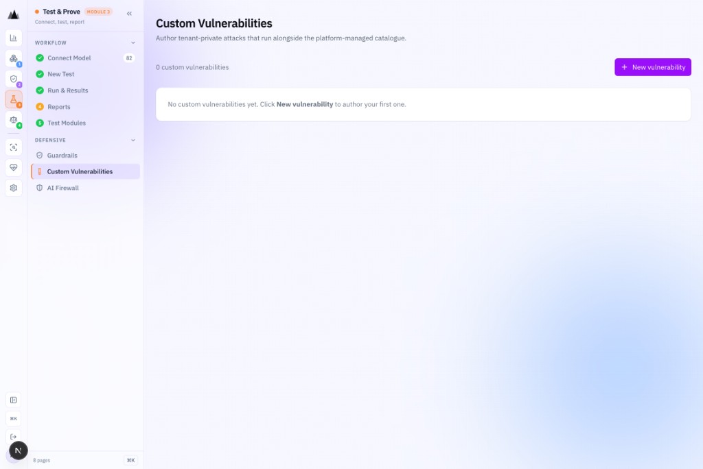 AgenticAssure custom vulnerabilities interface for defining organisation-specific threat signatures