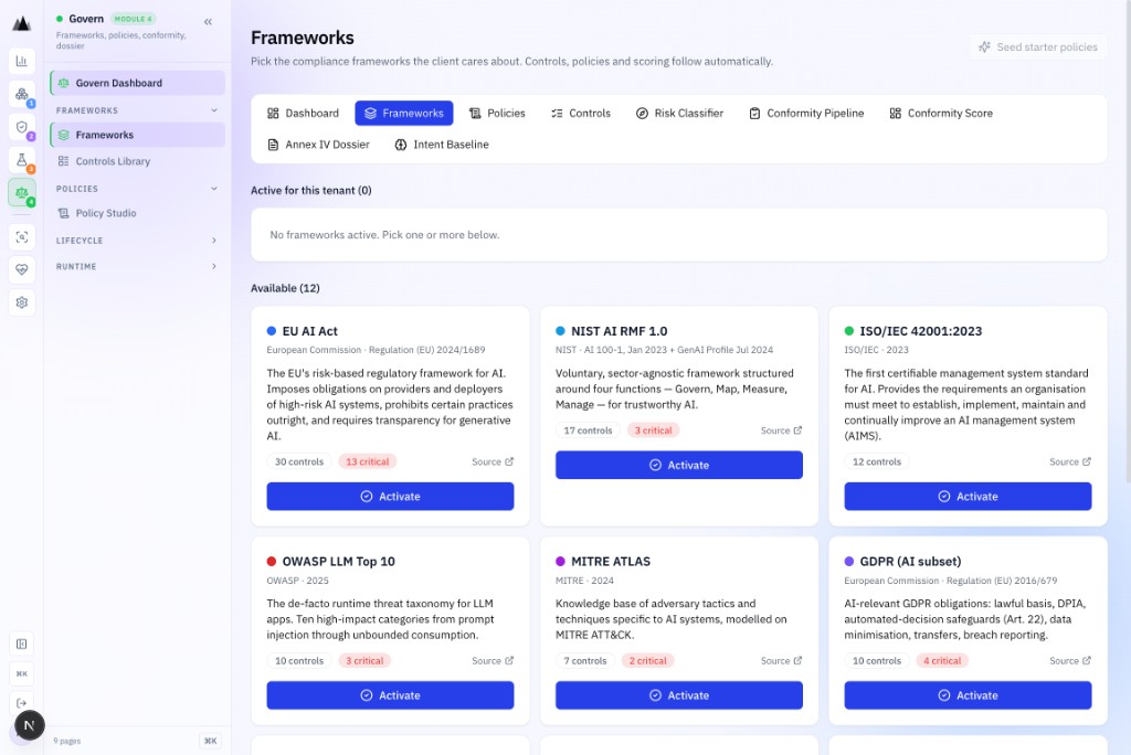 AgenticAssure frameworks catalogue showing 12 regulatory frameworks with control counts, criticality, and coverage status