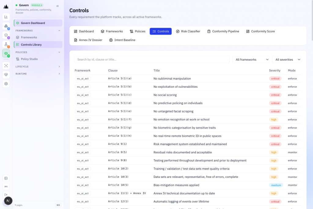 AgenticAssure controls library showing 120 controls with enforce/monitor mode toggles and severity classifications