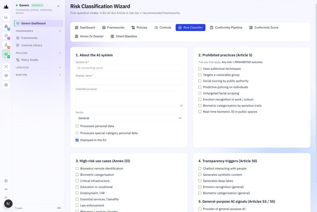 AgenticAssure Risk Classification Wizard showing 5-question EU AI Act Article 6 risk tier assessment