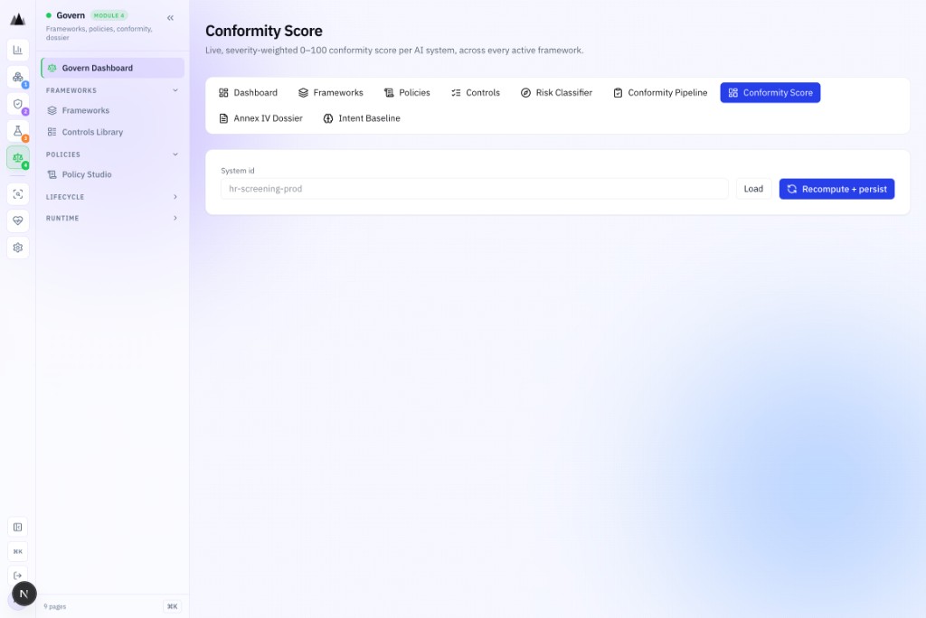AgenticAssure Conformity Score showing live severity-weighted 0-100 score per AI system per framework
