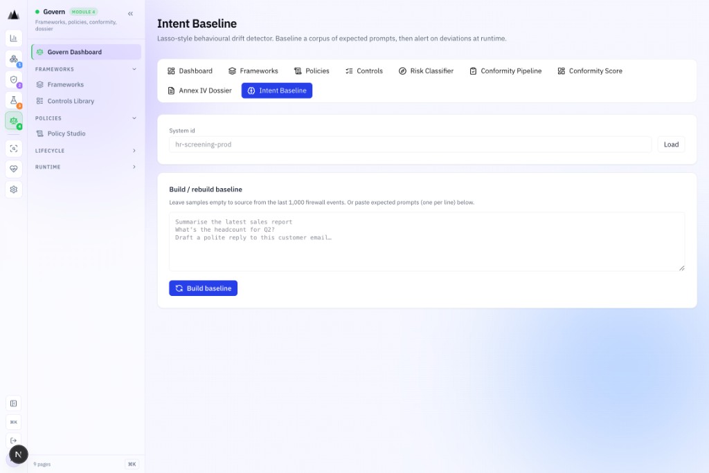AgenticAssure Intent Baseline showing Lasso-style behavioural drift detection for AI systems