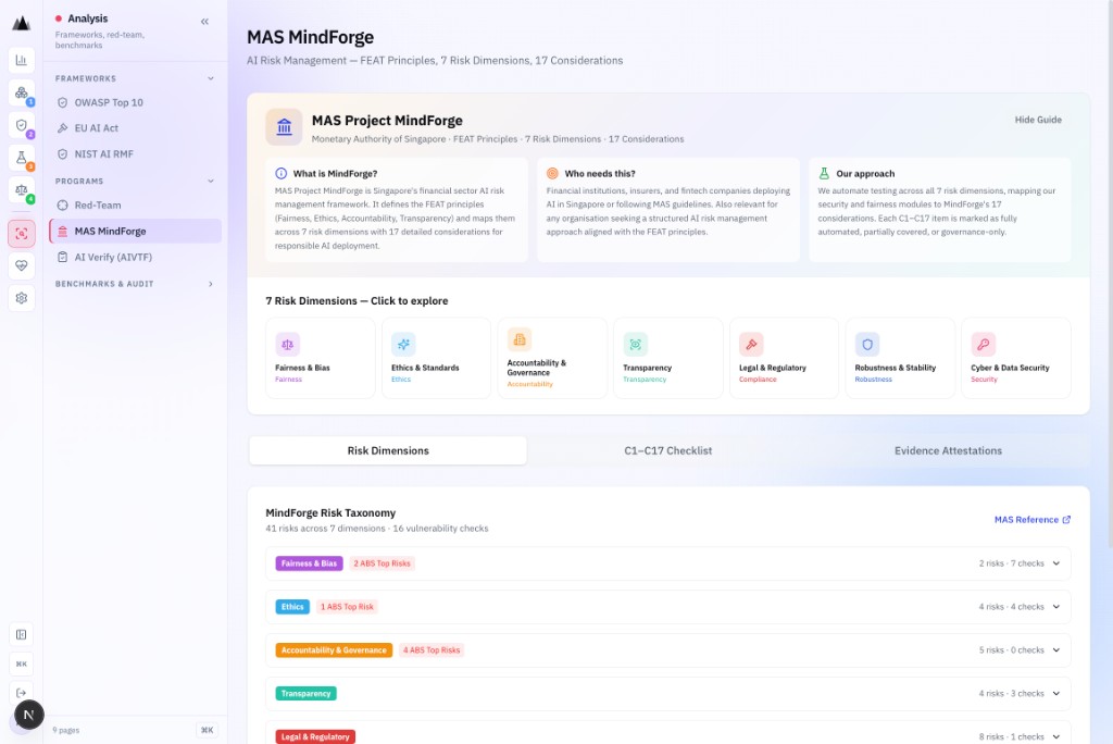 AgenticAssure MAS MindForge assessment showing FEAT Principles results across 7 dimensions and 17 considerations