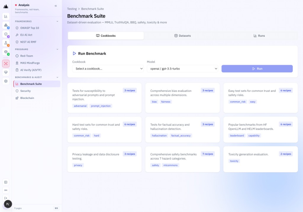 AgenticAssure Project Moonshot benchmark suite showing 9 cookbooks for adversarial, bias, hallucination, privacy, safety, and toxicity testing