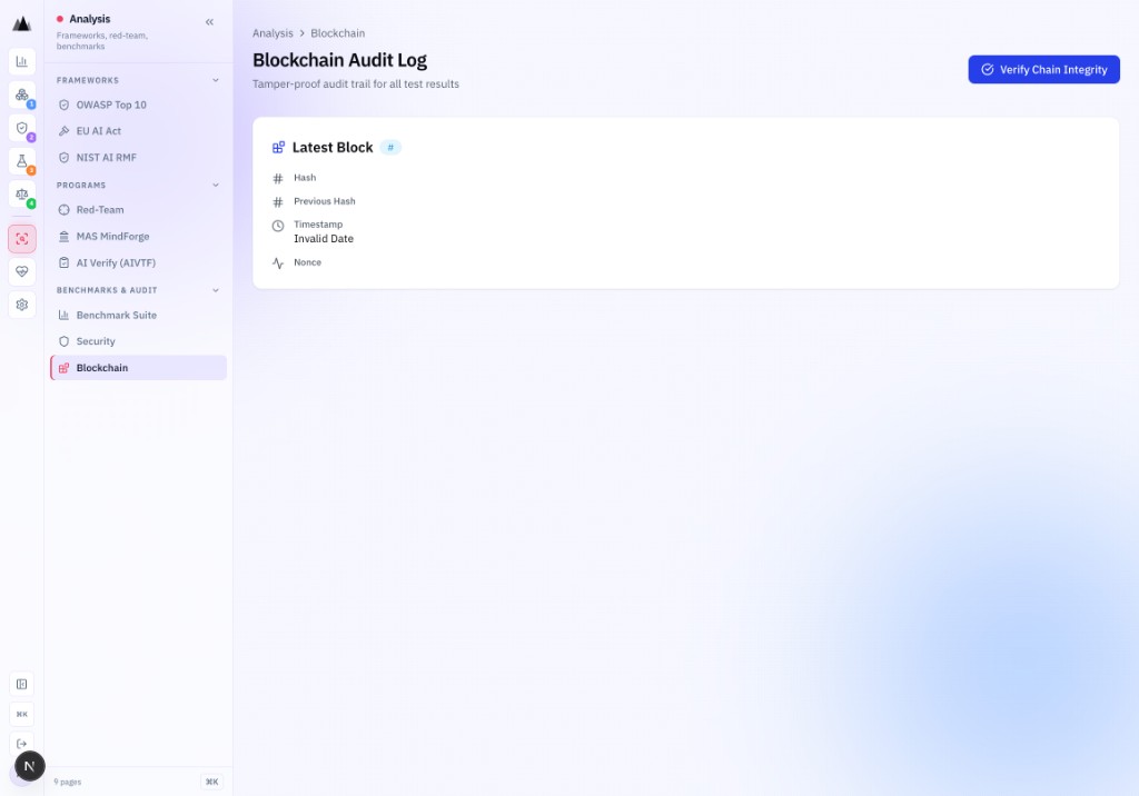 AgenticAssure Blockchain Audit Log showing hash-anchored test results with Verify Chain Integrity capability