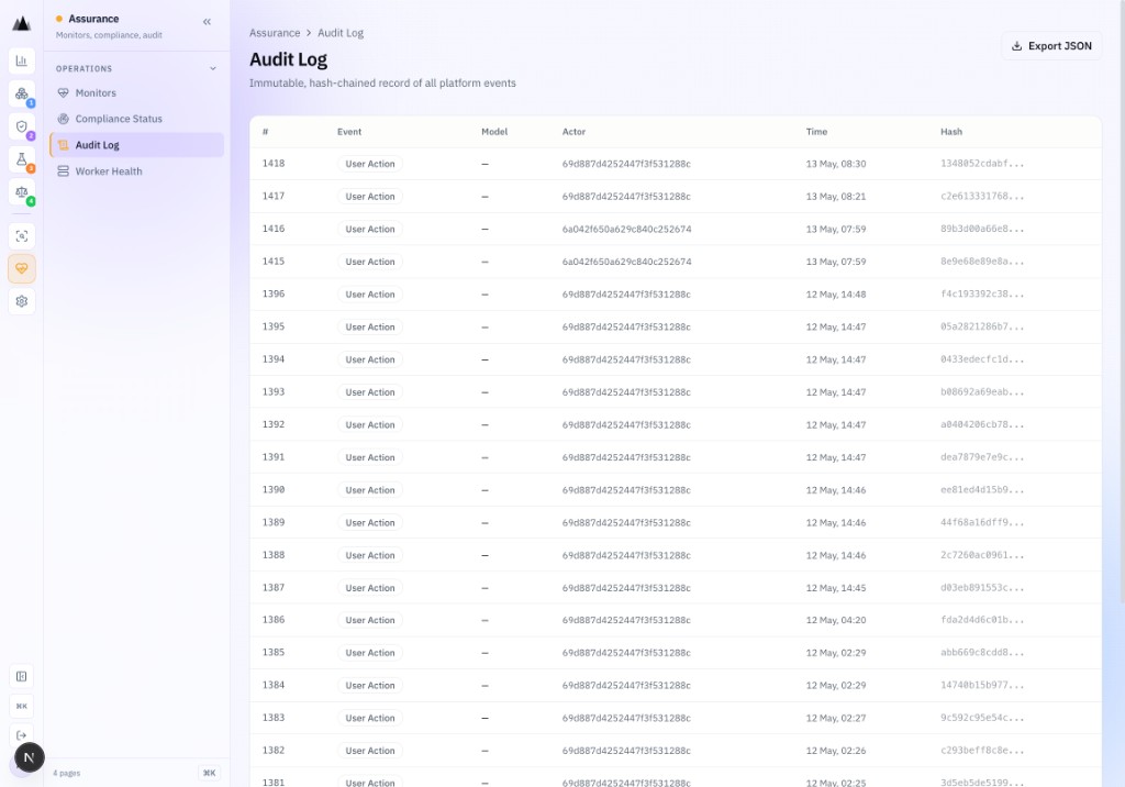 AgenticAssure Audit Log showing immutable hash-chained events with SHA-256 hashes across 14 event types