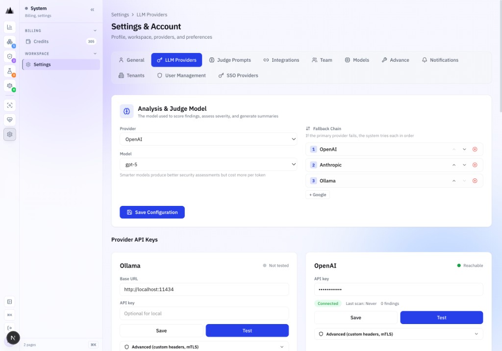 AgenticAssure Settings LLM Providers tab showing multi-provider fallback chain with OpenAI, Anthropic, Google Gemini, and Ollama with reachability status and mTLS configuration