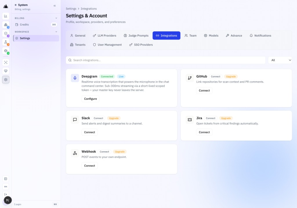 AgenticAssure Settings: Integrations panel showing live connections to Deepgram, GitHub, Jira, Slack, and Webhook with connection status indicators