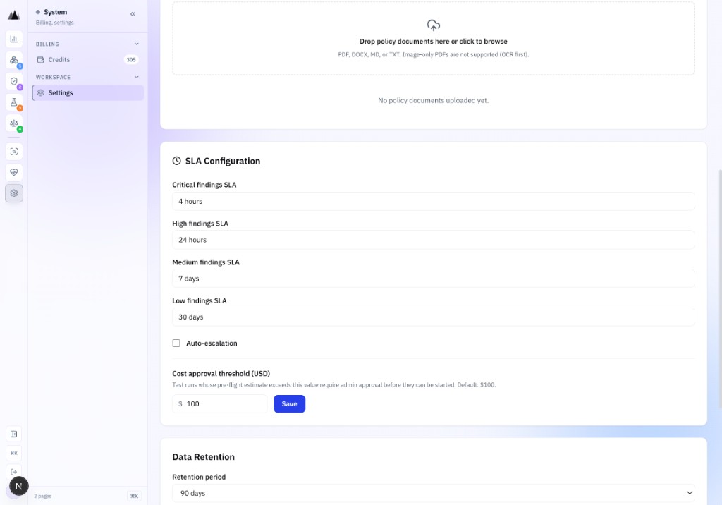AgenticAssure Settings advanced configuration panel showing per-severity SLA settings with Critical 4h, High 24h, Medium 7d, Low 30d, plus cost gate and retention policy controls